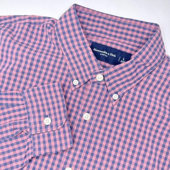 NEW NWT Abercrombie & Fitch Stretch Gingham Pink Blue Button Down Shirt Large - Picture 1 of 9
